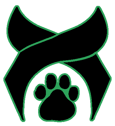 A black paw print with curved streaks above it and an emerald outline.